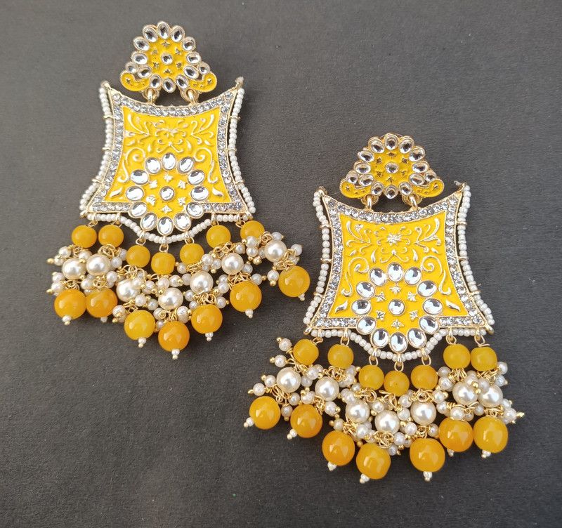 SHIVOYART YELLOW KUNDAN MEENAKARI EARRINGS FOR GIRLS & WOMEN Pearl Alloy Drops & Danglers