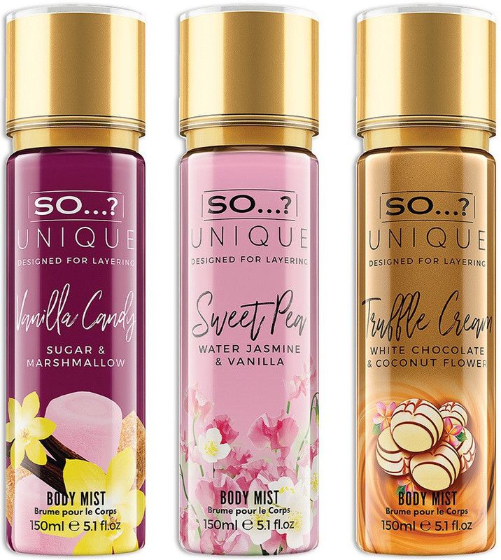 so Candy Kiss ( Velvet Candy + Tuffle Cream + Sweet Pea ) Body Mist - For Women  (450 ml, Pack of 3)