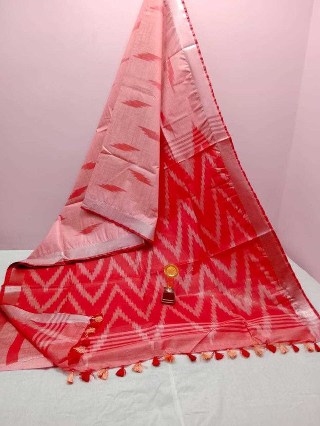 Printed Ikkat Cotton Linen Saree  (Red, Pink)