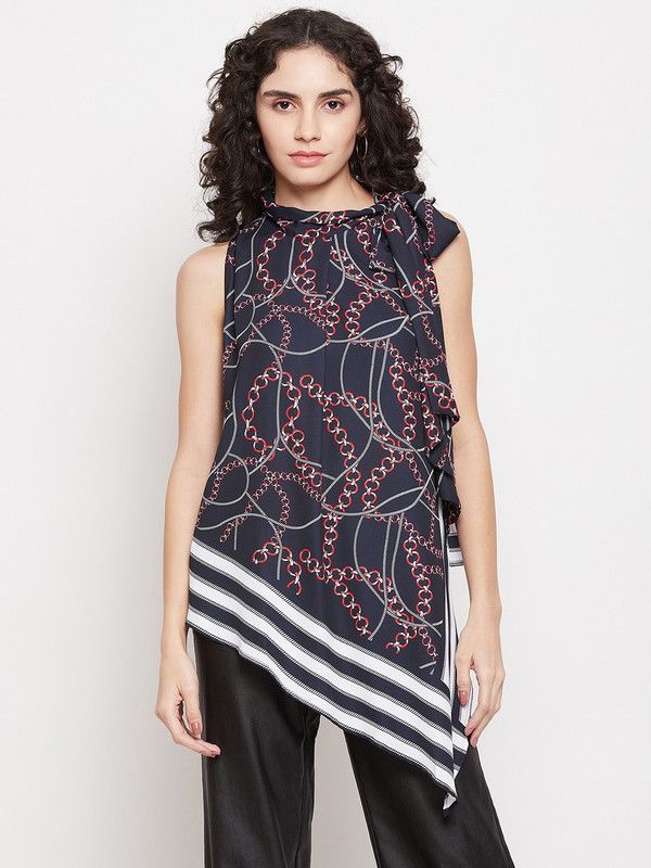 Casual Sleeveless Printed Women Dark Blue Top