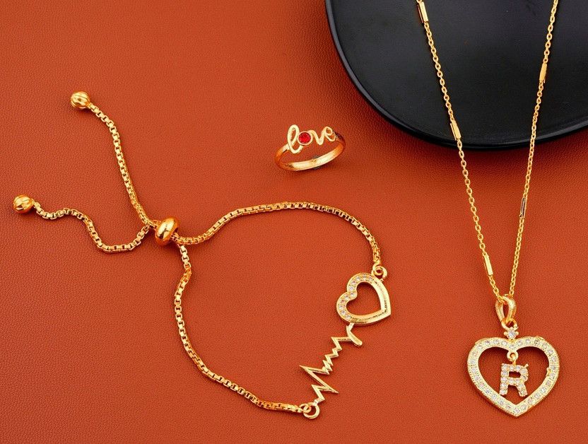R name letter Diamond Pendant locket chain with bracelet & love ring for girls Gold-plated Beads Alloy Pendant