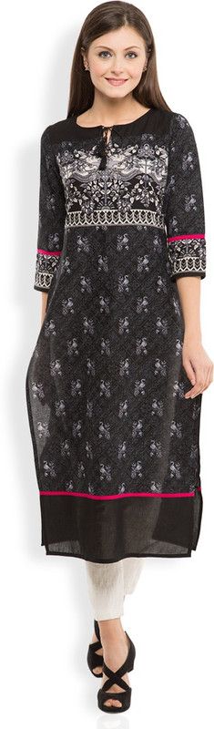 Women Printed Cotton Blend Straight Kurti  (Black)