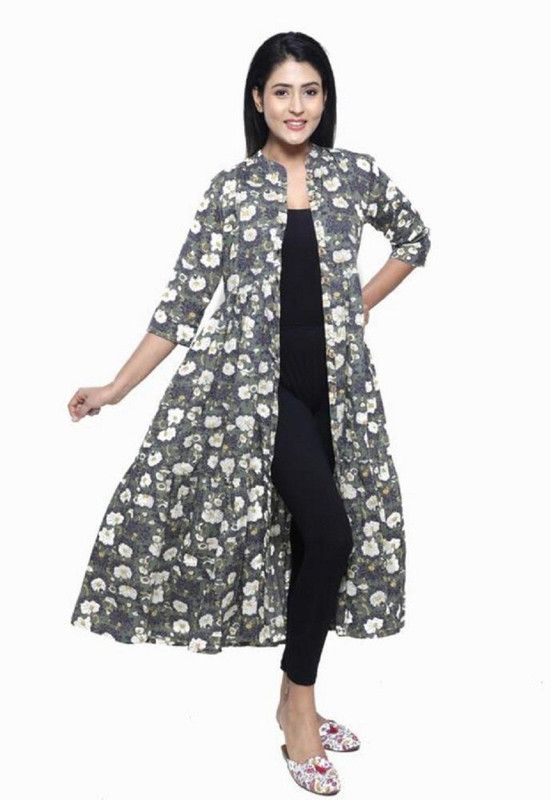 Women Floral Print Cotton Blend Gown Kurta  (Grey)