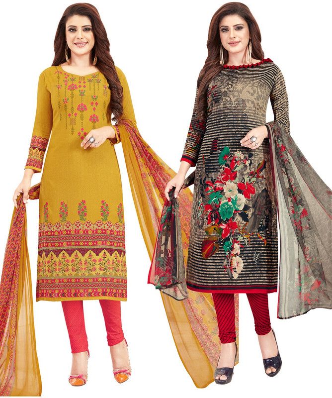 Unstitched Polyester Kurta & Churidar Material Solid, Printed, Striped