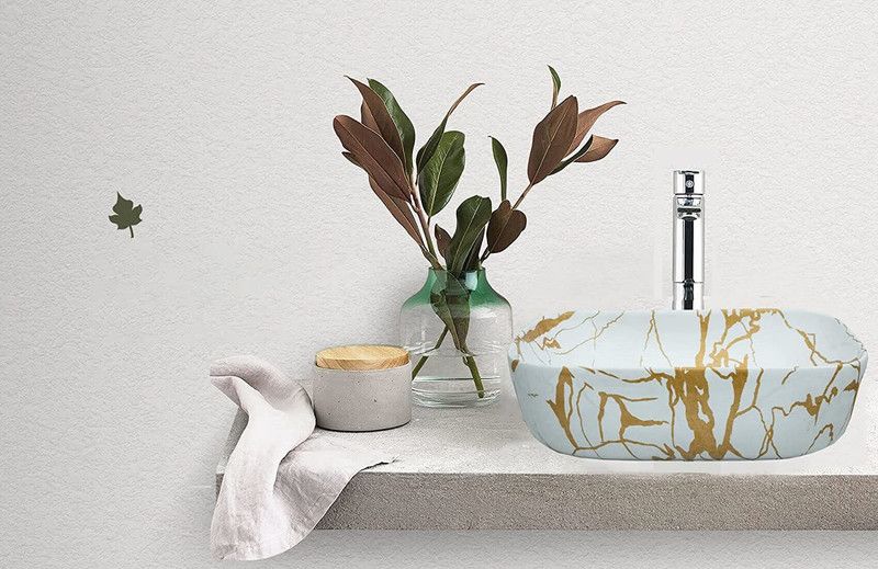 EDON 023 Luxury Designer Table Top Polished Wash Basin Table Top Basin  (GOLDEN LINING IN WHITE COLOR)
