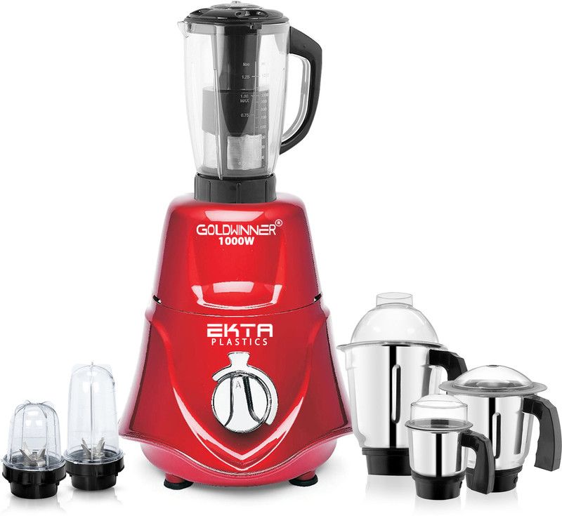 Goldwinner 1000-watts Rocket Mixer Grinder with 3 Stainless Steel 2 Bullets and Juicer Jar s (Chutney, Liquid, Dry, 2 bullets and Juicer Jar) 1000 Mixer Grinder (6 Jars, Red)