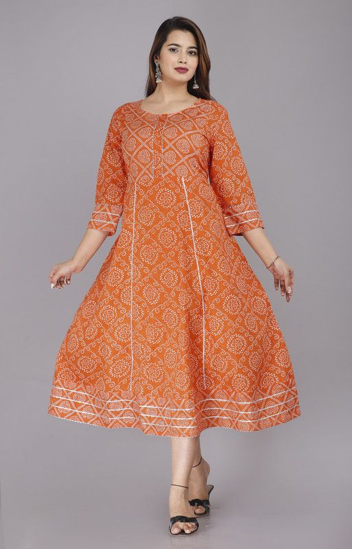 Printed Pure Cotton Stitched Flared/A-line Gown  (Orange, White)