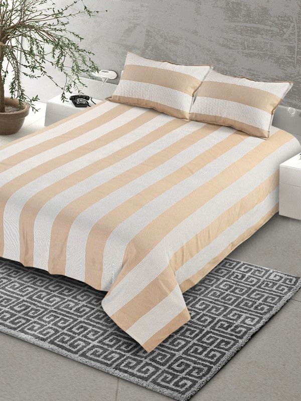 Saral Home 350 TC Cotton Double Striped Flat Bedsheet  (Pack of 1, Beige)