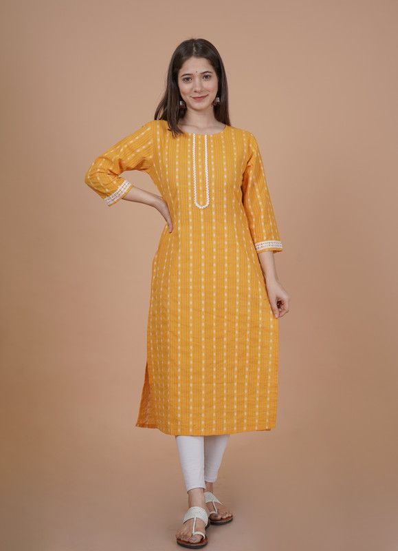 Women Woven Design Pure Cotton Straight Kurta  (Yellow)