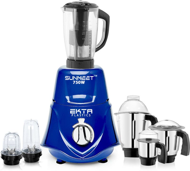 Sunmeet 750-watts Rocket Mixer Grinder with 3 Stainless Steel 2 Bullets and Juicer Jars (Chutney, Liquid, Dry, 2 bullets and Juicer Jar) 750 Mixer Grinder (6 Jars, Navy Blue)