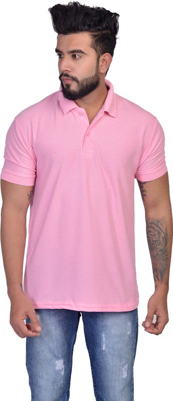 RSH_CA_07 Men Solid Polo Neck Cotton Blend Pink T-Shirt