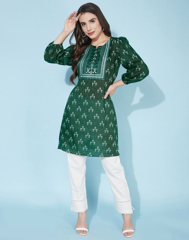 Women Printed, Self Design Cotton Silk A-line Kurta  (Green)