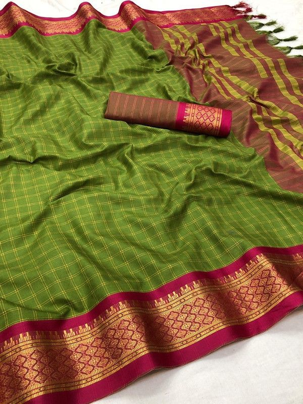 Checkered Bollywood Jacquard Saree  (Dark Green, Pink)