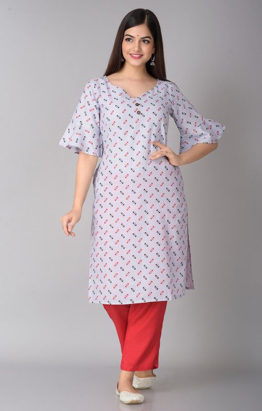 Women Printed Kurta  (Light Blue, Red, Black)