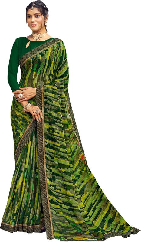 Printed, Self Design, Digital Print, Woven, Floral Print Daily Wear Chiffon, Brasso Saree  (Dark Green, Green)