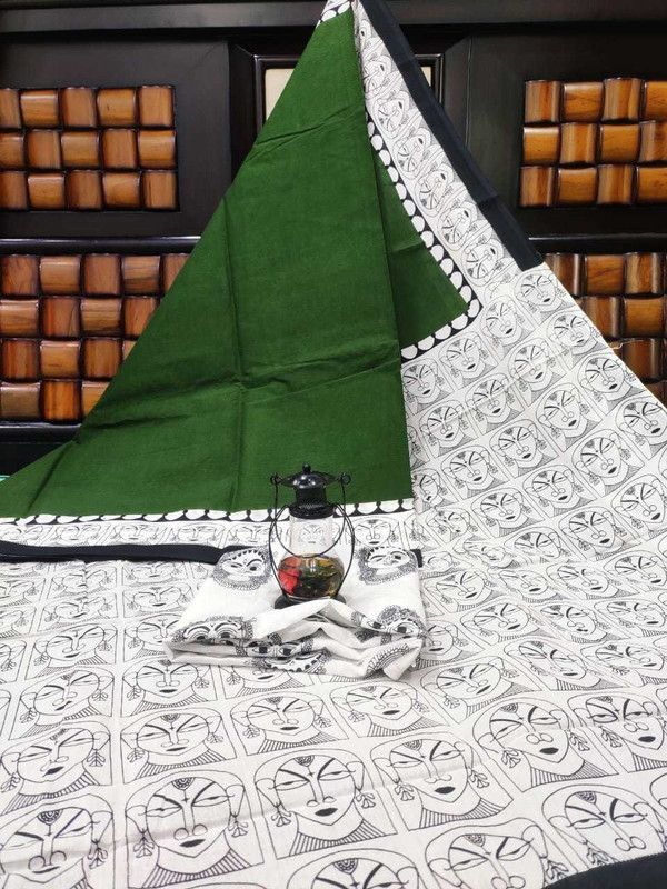 Daily Wear Pure Cotton Saree  (Green, White)