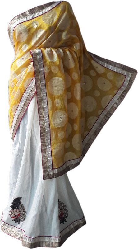Embroidered Kota Doria Cotton Jute Saree  (Yellow)
