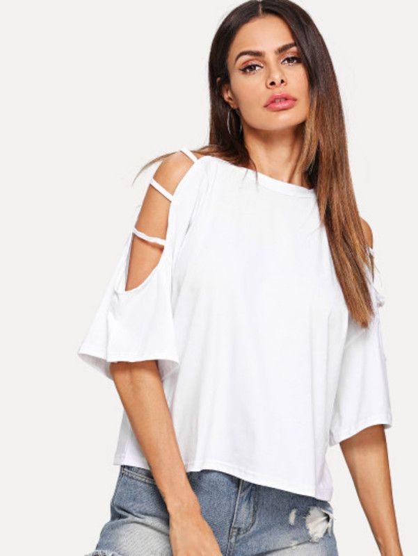 Casual Cutout Solid Women White Top