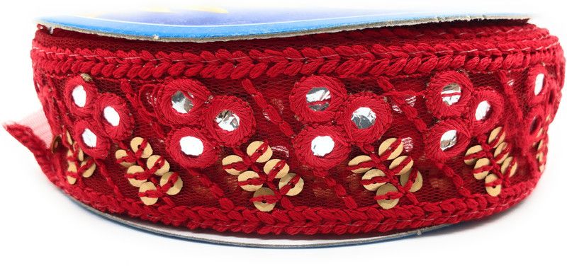 Kavmart KAV-A2273-RED 1.5 Inch Tissue Plain Sequence Heavy Kutch Work Multi Embroidery Lace For Saree, Dupatta,Lehanga,Suit,Blouse(9 Meters)(Red) Lace Embroidery borader Lace Reel  (Pack of 1)