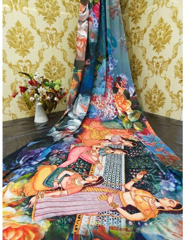 Digital Print Kanjivaram Crepe Saree  (Multicolor)