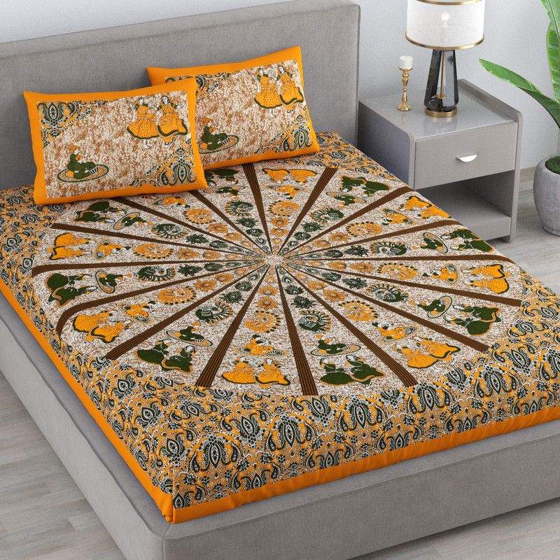 Flipkart SmartBuy 110 TC Cotton Double Jaipuri Prints Flat Bedsheet  (Pack of 1, Pumpkin Orange)