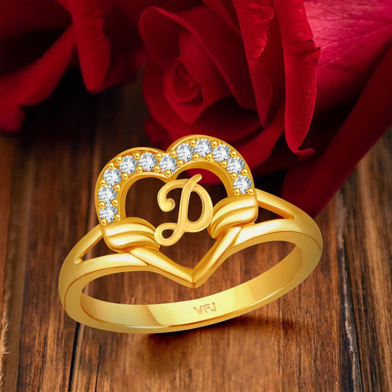 Valentine cluster'' D '' with heart ring alphabet cluster for women and Girls Brass Cubic Zirconia Gold Plated Ring