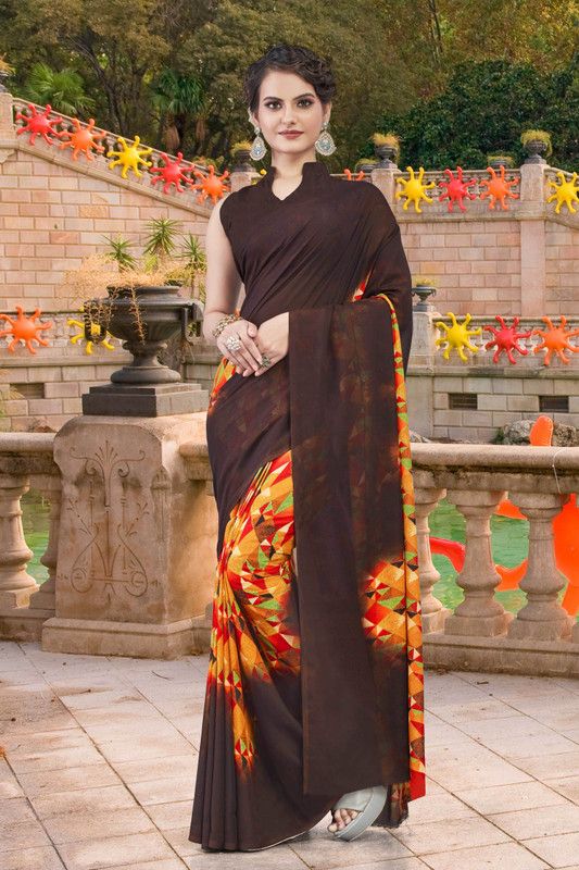 Digital Print Bollywood Georgette Saree  (Brown)
