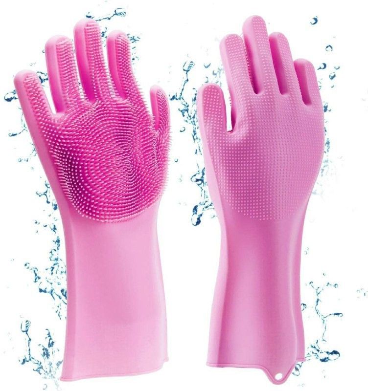 DivySneh Silicone Cleaning Hand Gloves for Kitchen Dishwashing and Pet Grooming Wet and Dry Glove Set  (Free Size Pack of 2)