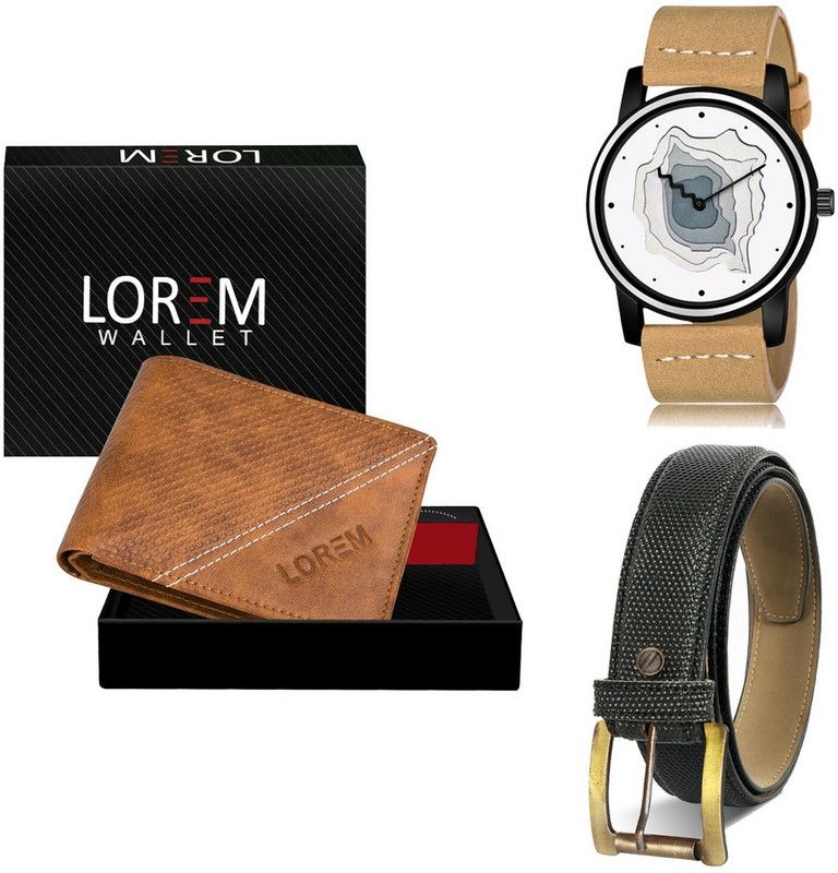 LOREM Belt, Wallet & Watch Combo  (Beige, Black, Beige)