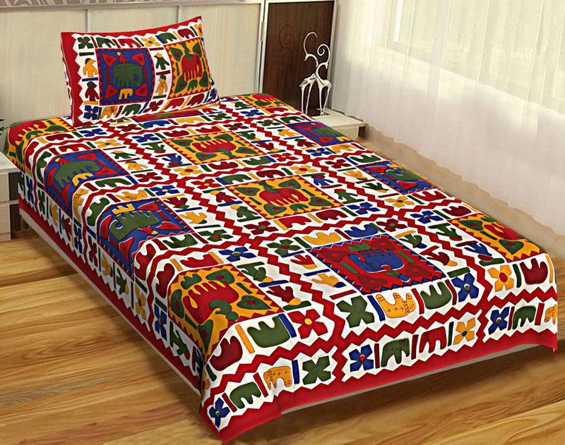 Rangun 144 TC Cotton Single Printed Fitted & Flat Bedsheet  (Pack of 1, Red)