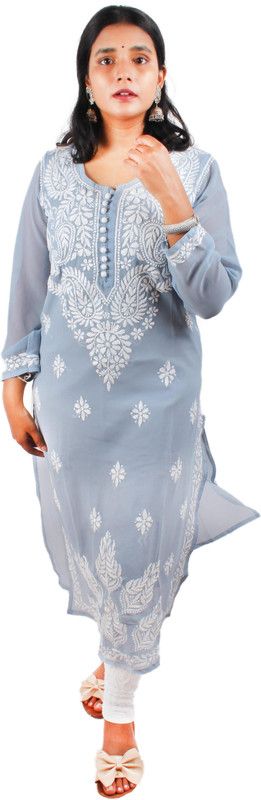 Women Embroidered Chiffon Straight Kurta  (Grey)
