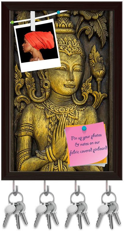Artzfolio Lord Buddha Image Pinboard with Key Holder Hooks Dark Brown Frame 8x11.9inch Cork Bulletin Board  (Multicolor 8 x 11.9 inch (20 x 30 cms))