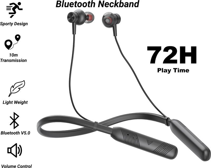 RB-110 Unique Bluetooth Neckband With 72Hrs Non-Stop Battery Backup Bluetooth Headset  (Black, In the Ear)