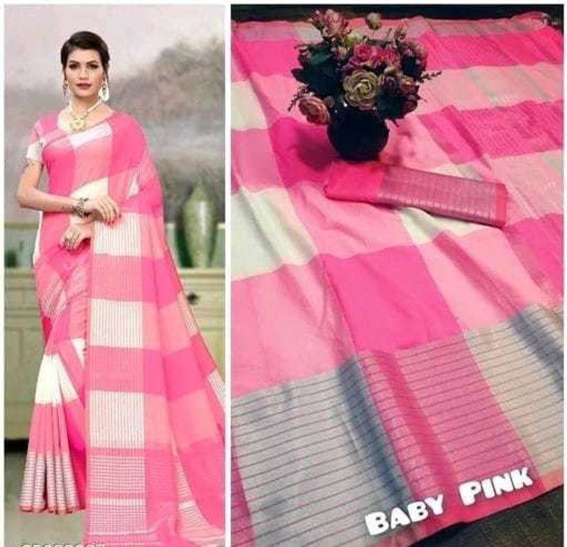 Checkered Daily Wear Linen Saree  (Pink)