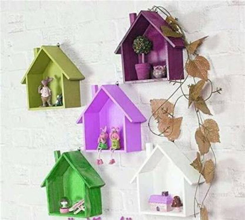 AN Craft Wall shelf Hut shape shelves Set of 5 MDF MDF (Medium Density Fiber) Wall Shelf  (Number of Shelves - 5, Green, Purple, White)