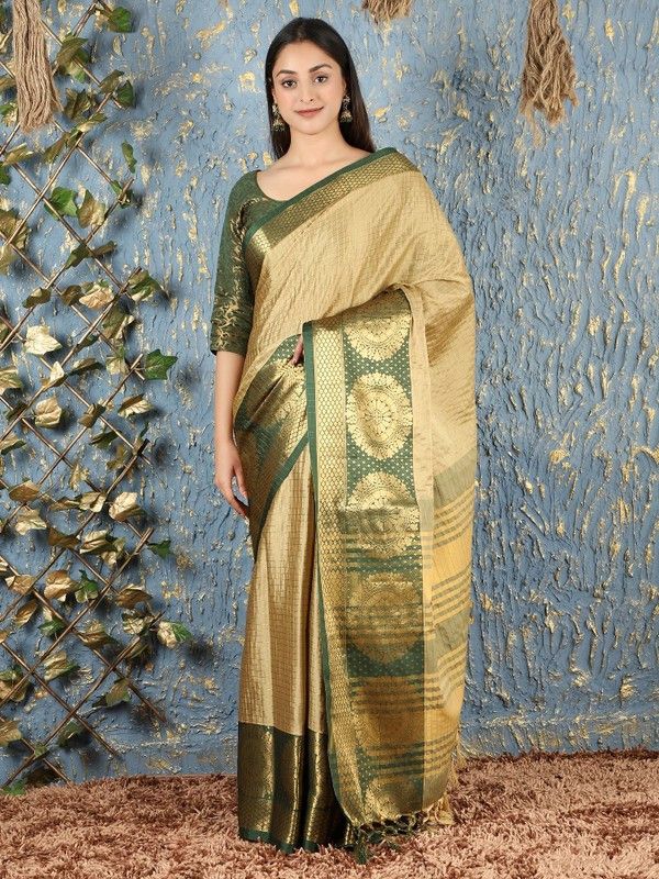 Woven Chanderi Cotton Silk Saree  (Green)