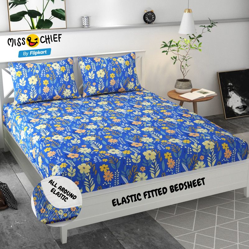 Miss & Chief 280 TC Microfiber Double Abstract Fitted (Elastic) Bedsheet  (Pack of 1, Navy:Yellow)