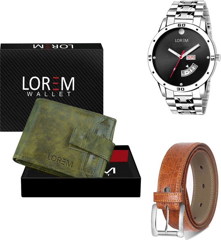 LOREM Belt, Wallet & Watch Combo  (Green, Orange, Silver)
