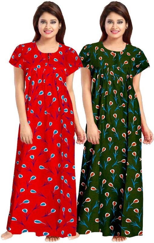Women Night Dress  (Green, Red)