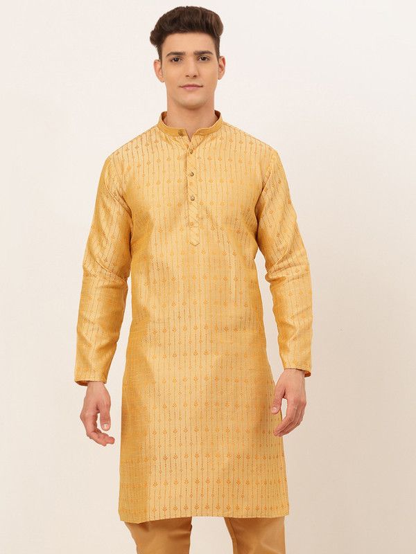 Men Embroidered Silk Blend Straight Kurta  (Gold)