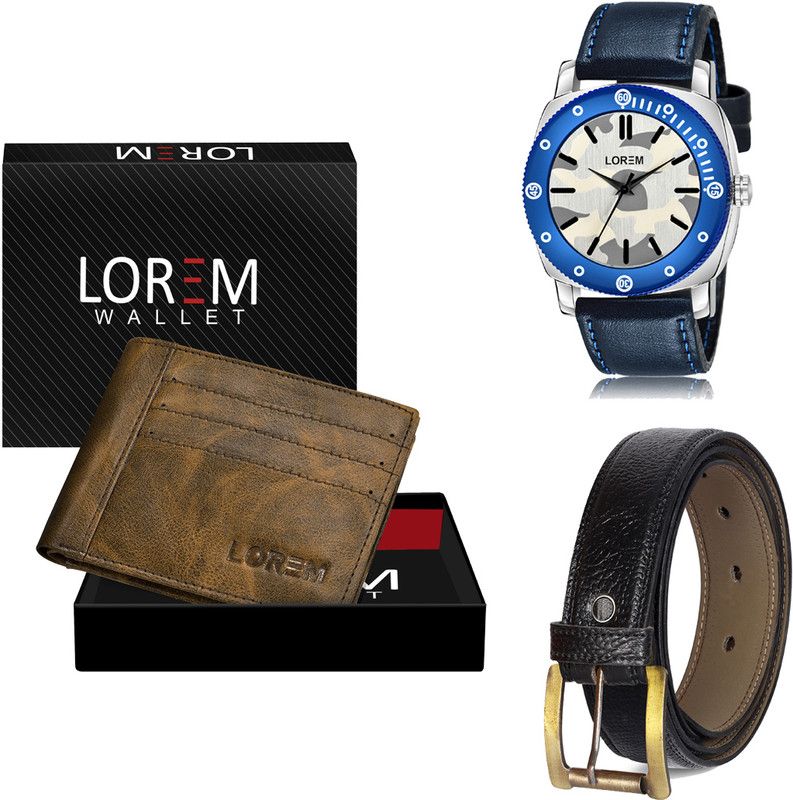 LOREM Belt, Wallet & Watch Combo  (Brown, Black, Blue)