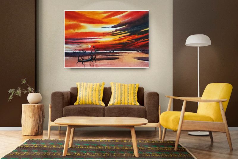 JORAS sunset-time-seabank Canvas 30 inch x 20 inch Painting  (Without Frame)