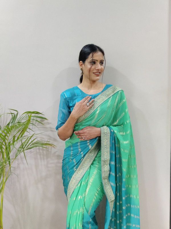 Striped Bollywood Georgette Saree  (Light Blue, Light Green)