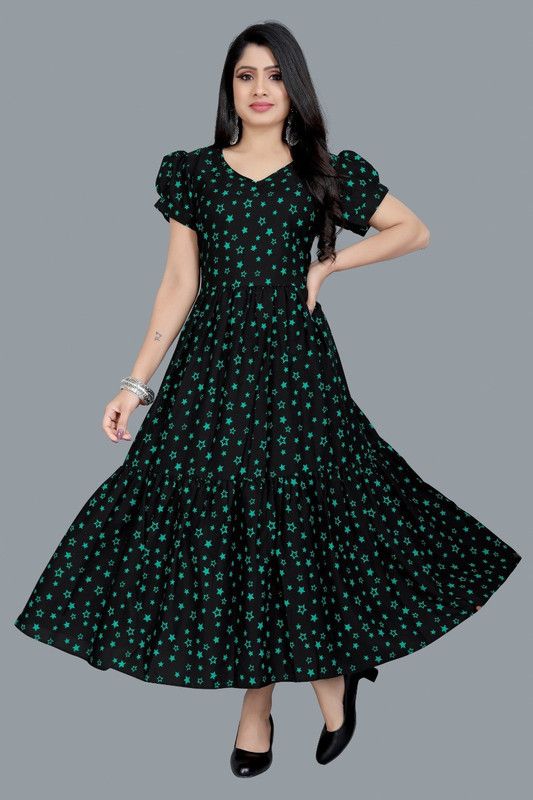 Anarkali Gown  (Green, Black)