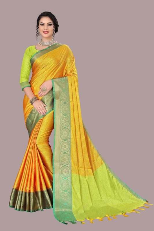 Woven Kanjivaram Jacquard, Cotton Silk Saree  (Green, Yellow)