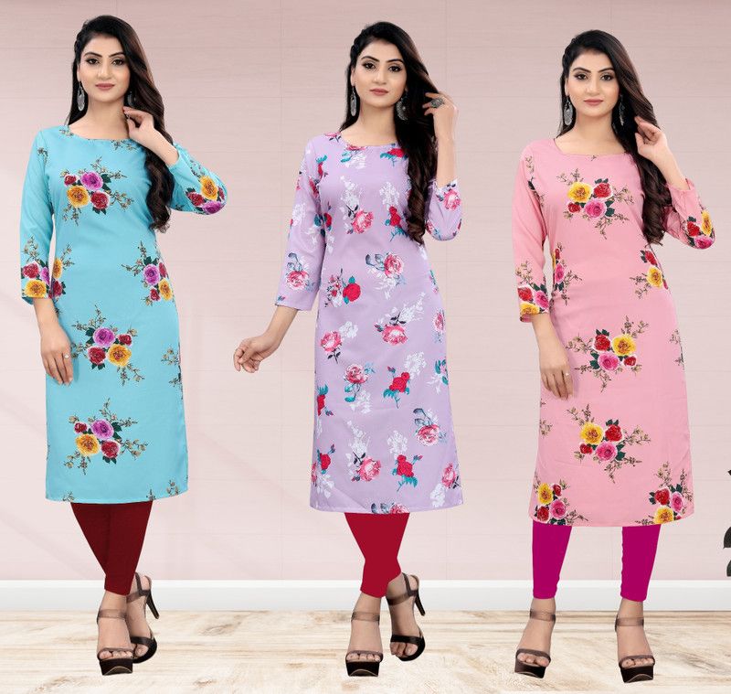Pack of 3 Women Printed Crepe A-line Kurta  (Pink)