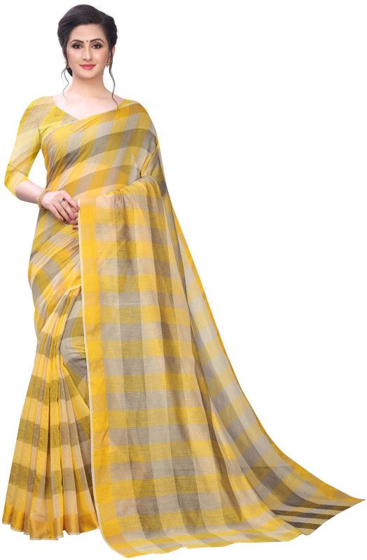 Checkered Chanderi Chanderi Saree  (Yellow)