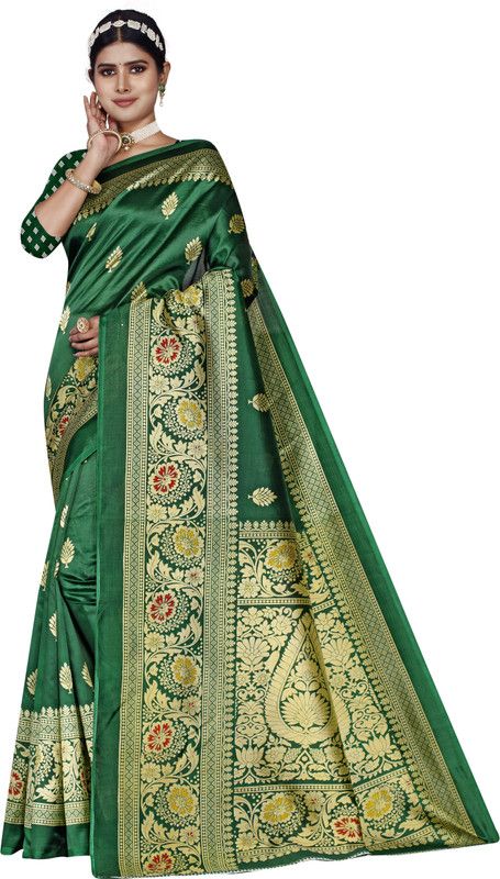 Floral Print, Printed, Self Design Kalamkari Art Silk Saree  (Dark Green)