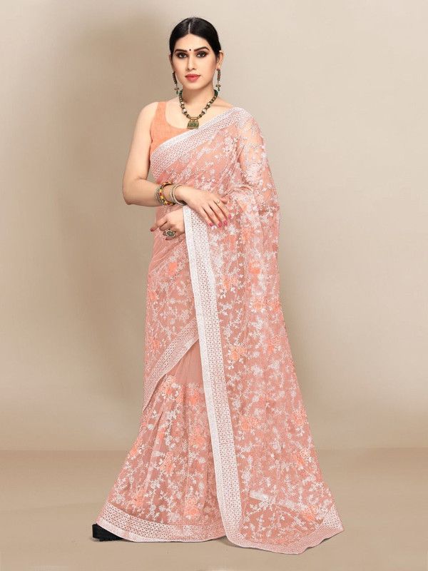 Embroidered Bollywood Supernet Saree  (Orange)