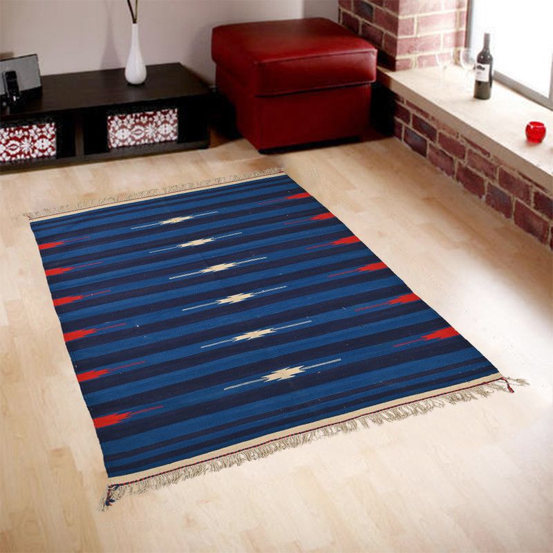 fusionfurnishing Blue, Multicolor Cotton Dhurrie  (118.872 cm, X 210.312 cm, Rectangle)